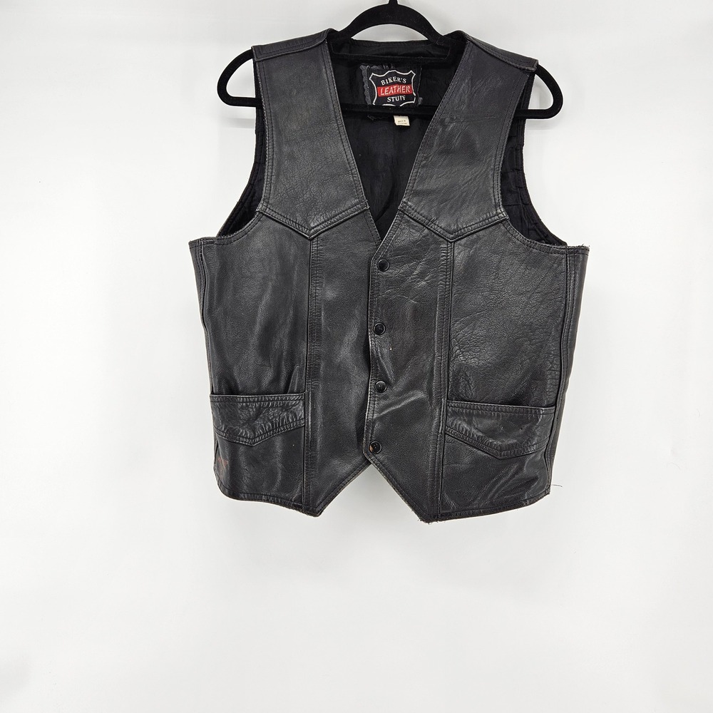 Vtg Black Motorcycle Vest Size 46 Mens‎ Genuine Leather Biker Utility Bike Punkr